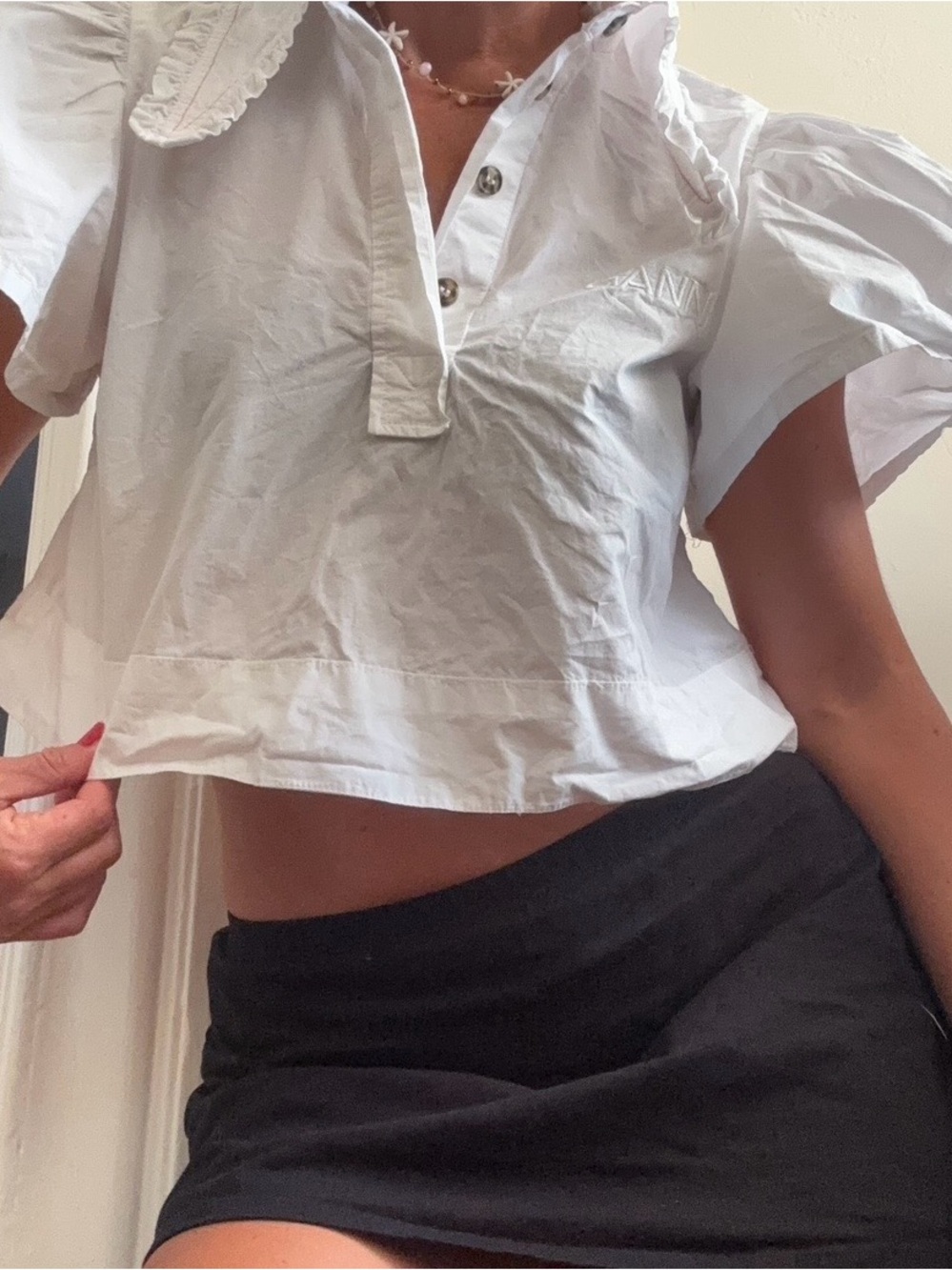 Ganni collar button down shirt with pink contrast stitching blouse